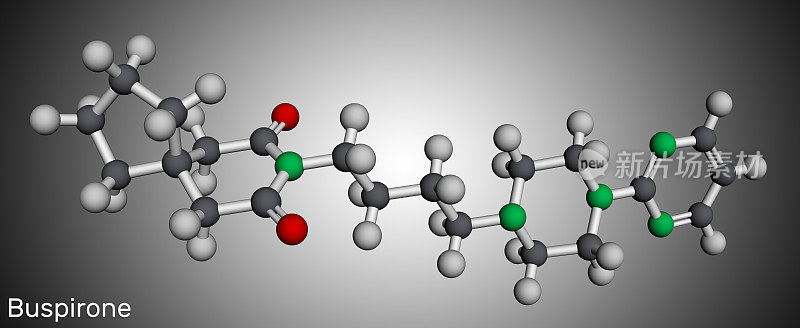 丁螺环酮分子。是治疗焦虑、抑郁的抗焦虑药。分子模型。3 d渲染。